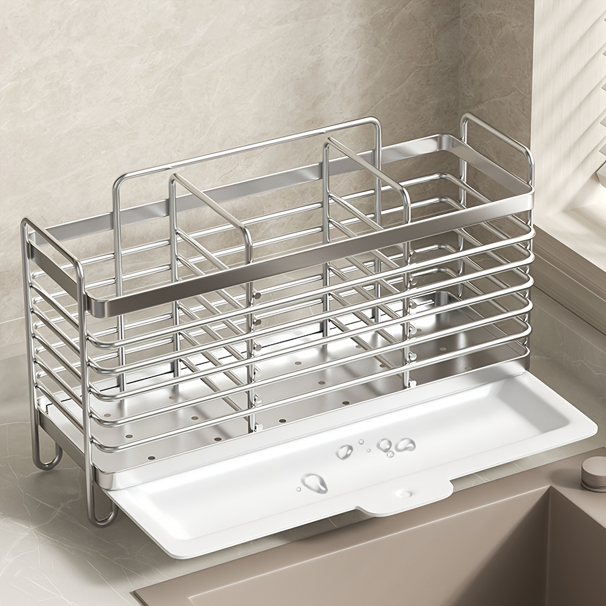 Image of Wall Mounted Chopstick Holder With Drain Tray, No Drill Kitchen Utensil Organizer With 2/3 Compartments& 4 Hooks, Cutlery Storage Box For Forks Spoons Knives, Space Kitchen Accessory