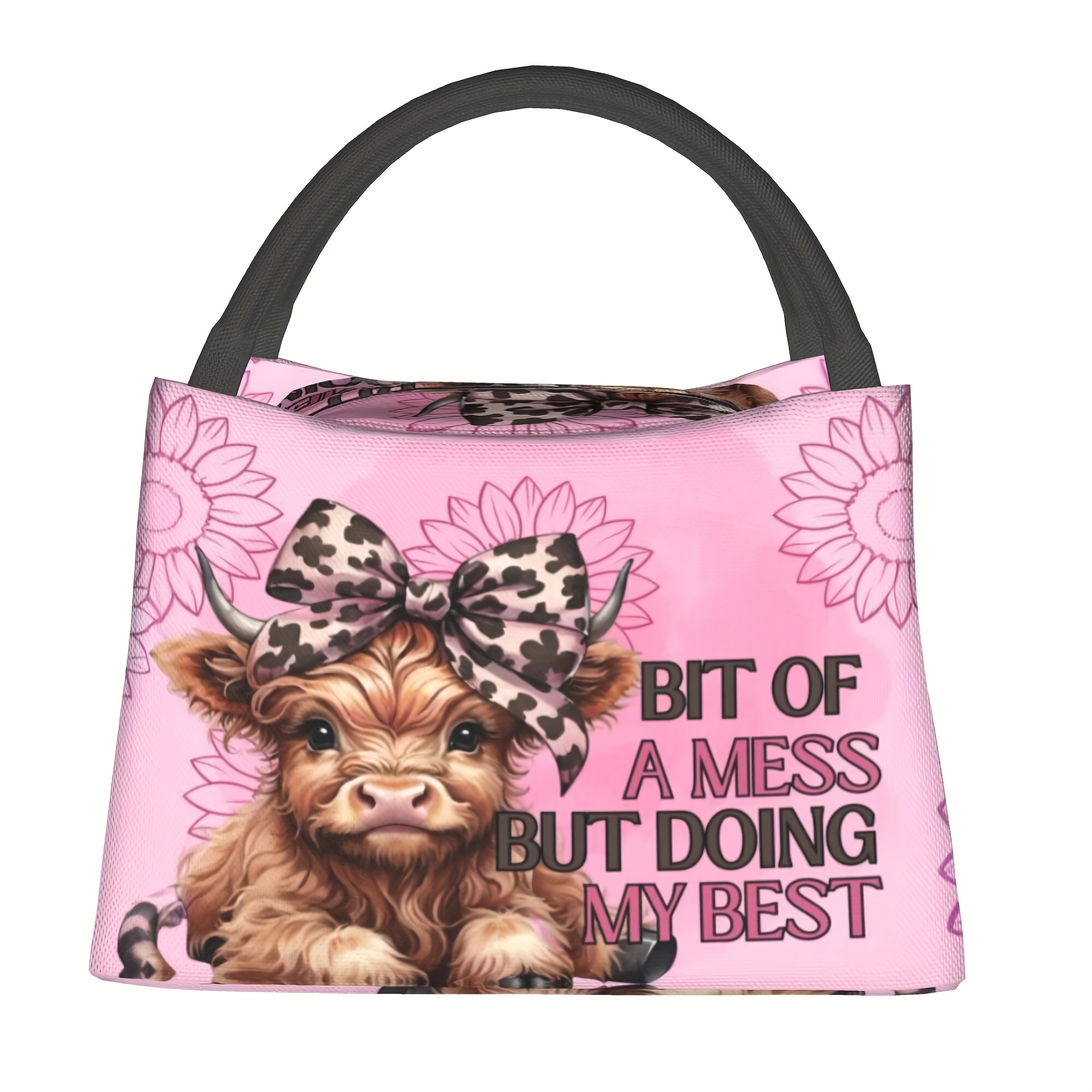 TEMU 1pc High-heeled Cow Pattern With Leopard Print Bow, Portable Reusable Insulated Bag, Lunch Bag, Camping Picnic Beach Essential, Suitable For