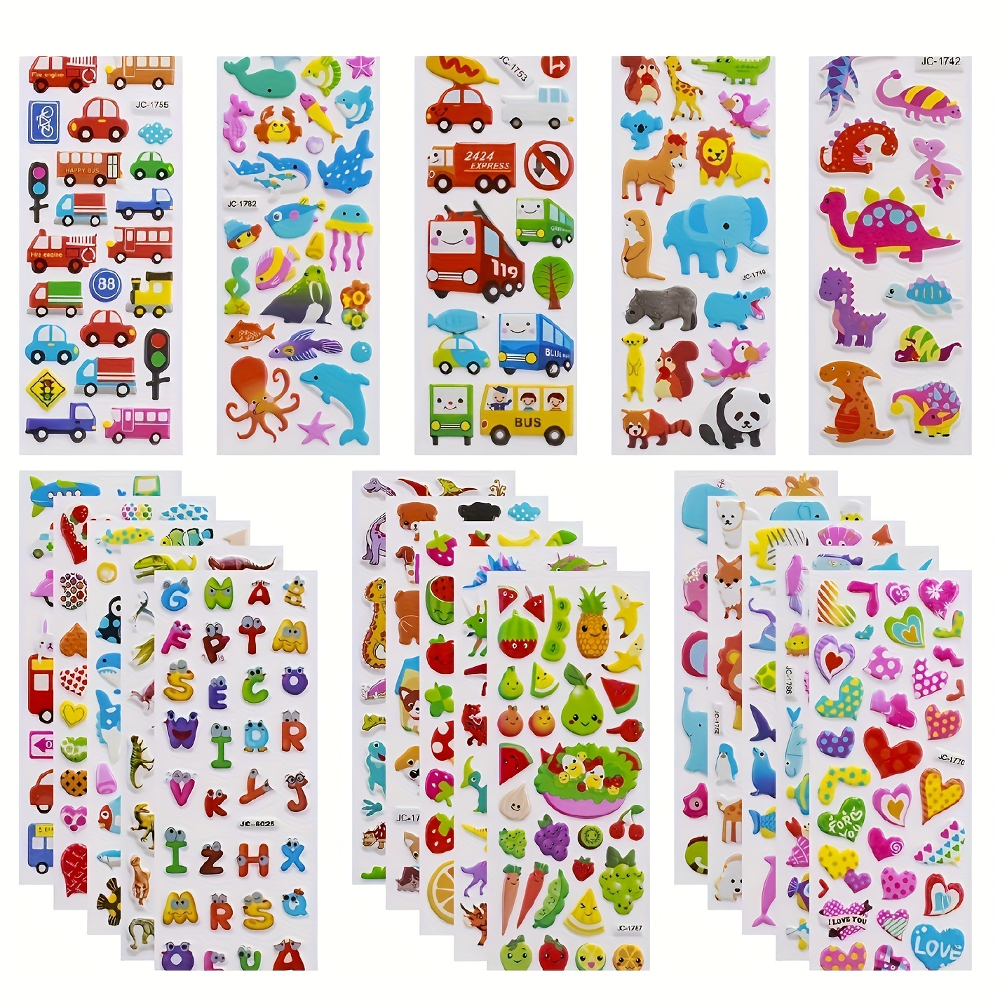 

24pcs, 3d Puffy Stickers Variety Pack For Scrapbooking Bullet Journal Including Animal, Numbers, Fruits, Fish, Dinosaurs, Cars