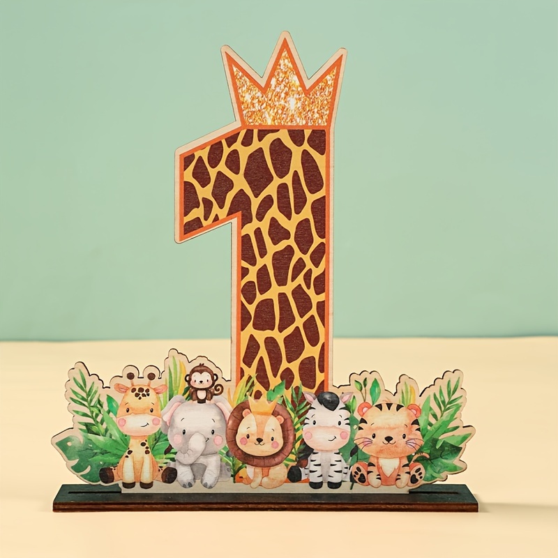 

1pc Centre de table Numéro 1 - Décoration de fête d'anniversaire sur le thème des animaux en bois, décoration d'anniversaire Wild One, accessoire de fête prénatale avec motif couronne léopard