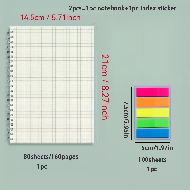 TEMU A5 Spiral Grid Notebook Set - Includes 1 Notebook And 1 Index Card, Perforated For , For Pages, Math Engineering Office And Note Organization
