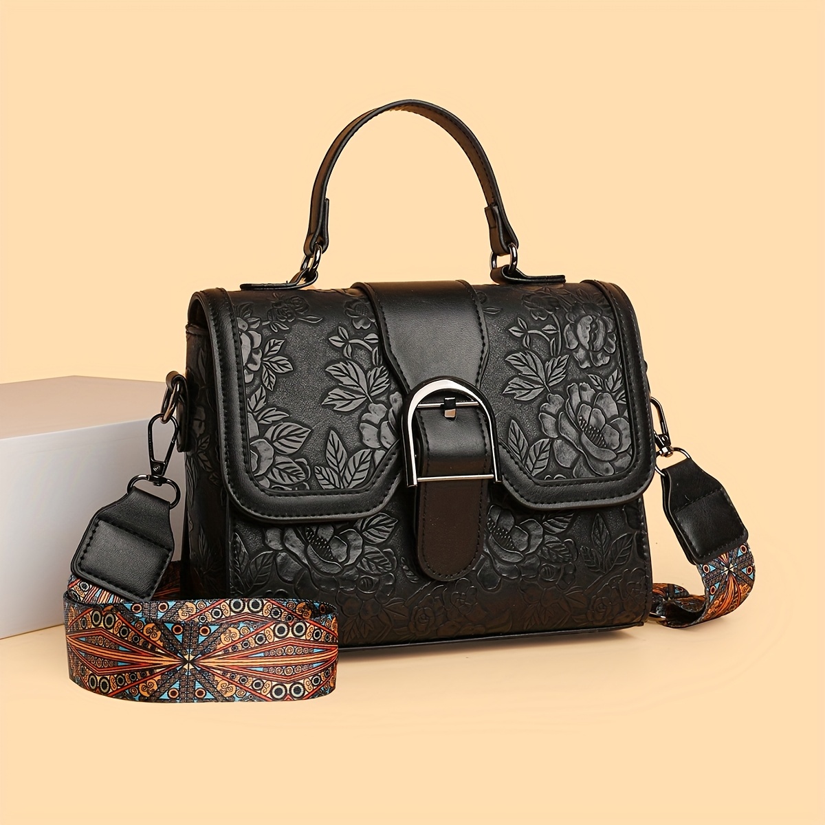Women's Handbag With Magnetic Closure & Adjustable Crossbody Strap - Suitable For Light Brown/red/black, Floral , Durable Lining, Magnetic Closure For Everyday Use,,, Travel - Versatile Fashion