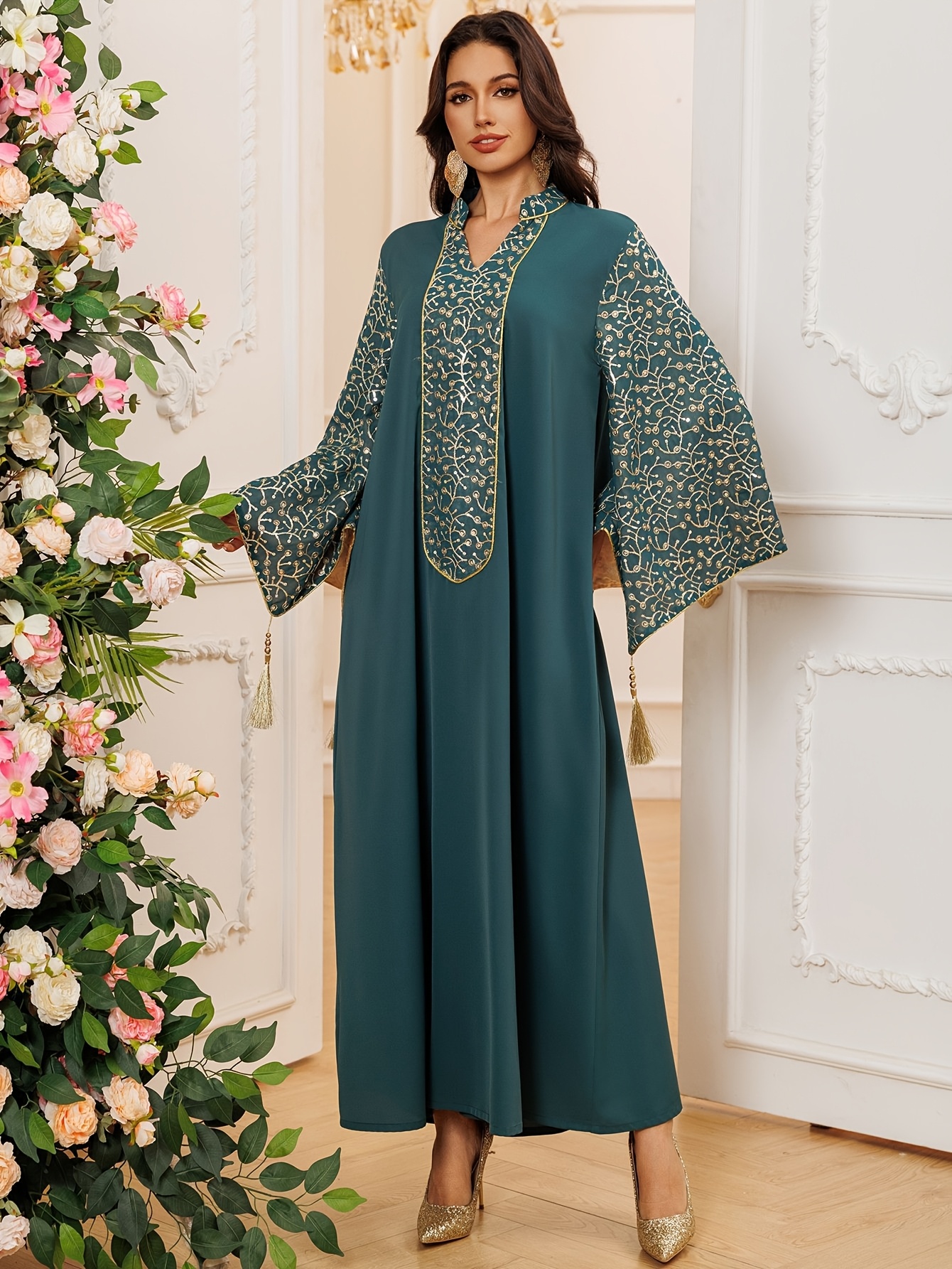 green emerald velvet dress Emerald Long Silk Khimar, Elegant green muslim dress, Burqa,Dubai Abay –  ScarfTurbanHijab main image 0