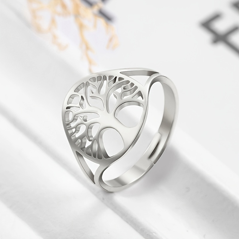 Image of 1pc Adjustable Tree Of Life Ring, Stainless Steel Unisex Vintage Amulet Jewelry Anniversary Birthday Gift