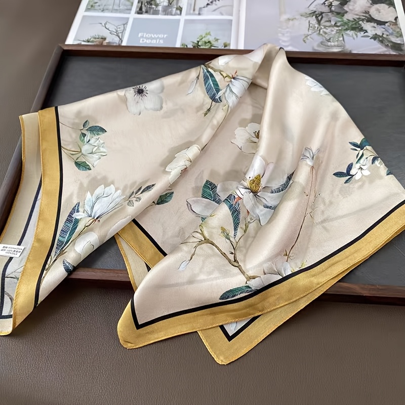TEMU 100% Apricot Magnolia Floral Scarf: 100% Premium Silk , Smooth And , Natural Warm Soft Light, Lightweight And Unburdened To Wear