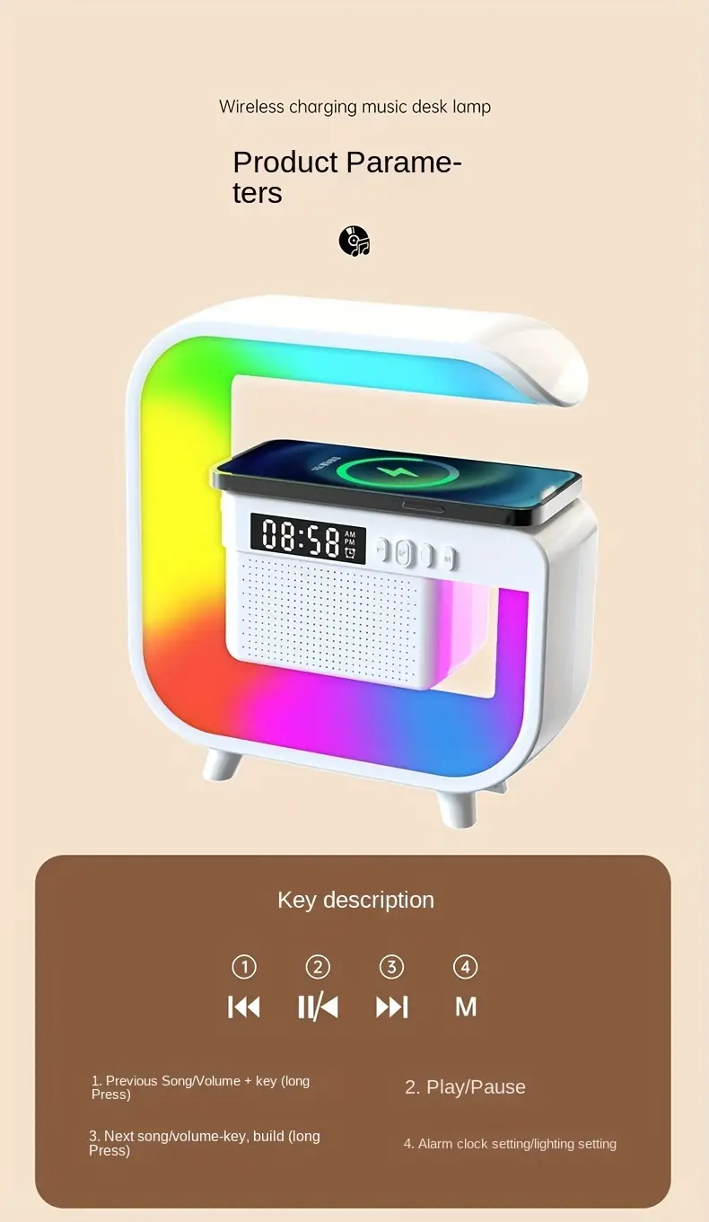 new 4 in 1 wireless charging speaker colorful led desk lamp wireless charging wireless speaker multi functional hifi speaker heavy bass speaker time alarm clock tf card speaker details 1