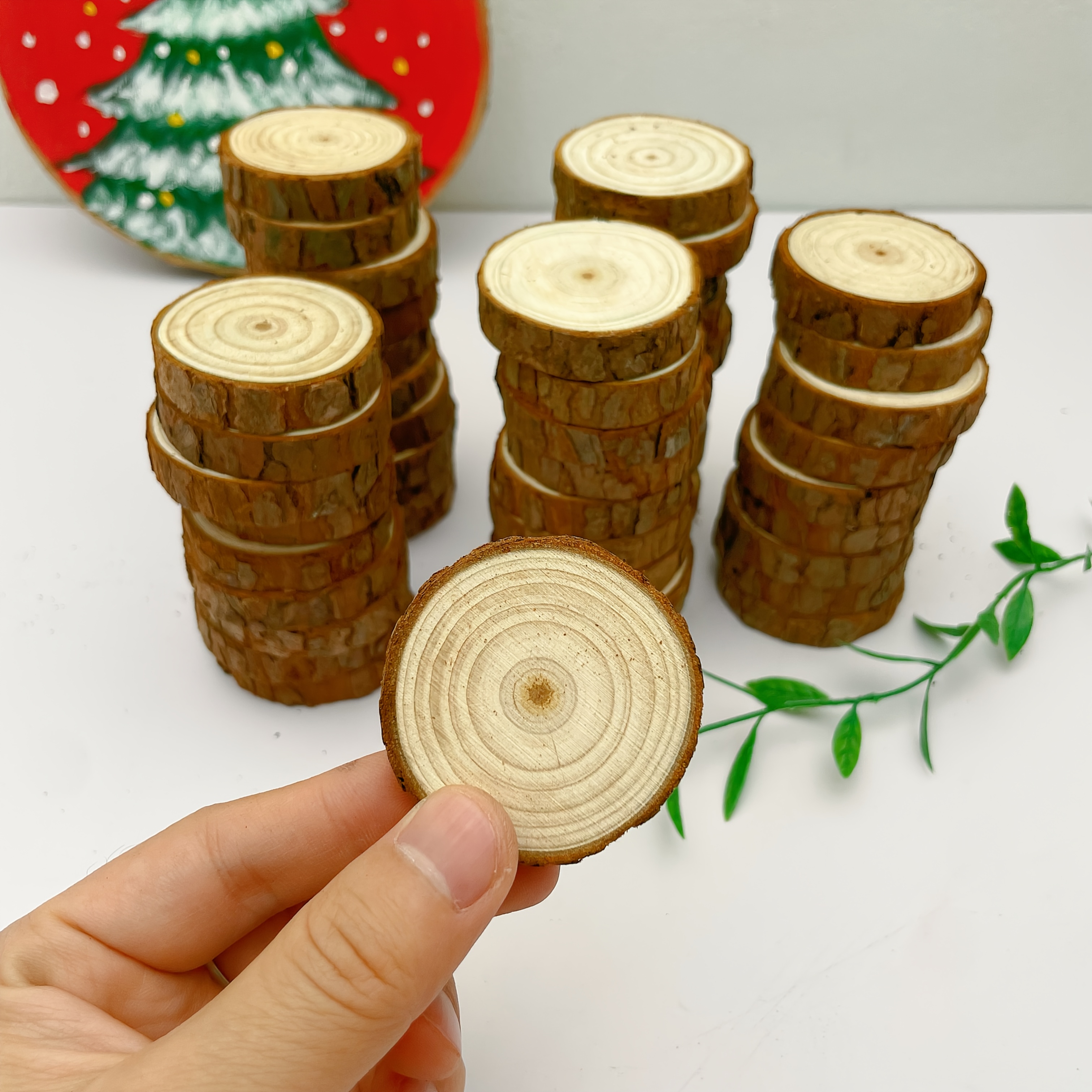 Image of 49/99pcs Natural Wood Slices | Handmade Wooden Kit | Pre-drilled Circular Wood Tree Pieces | Halloween Christmas Decor | Creative Craft Supplies | Holiday Party Decorations