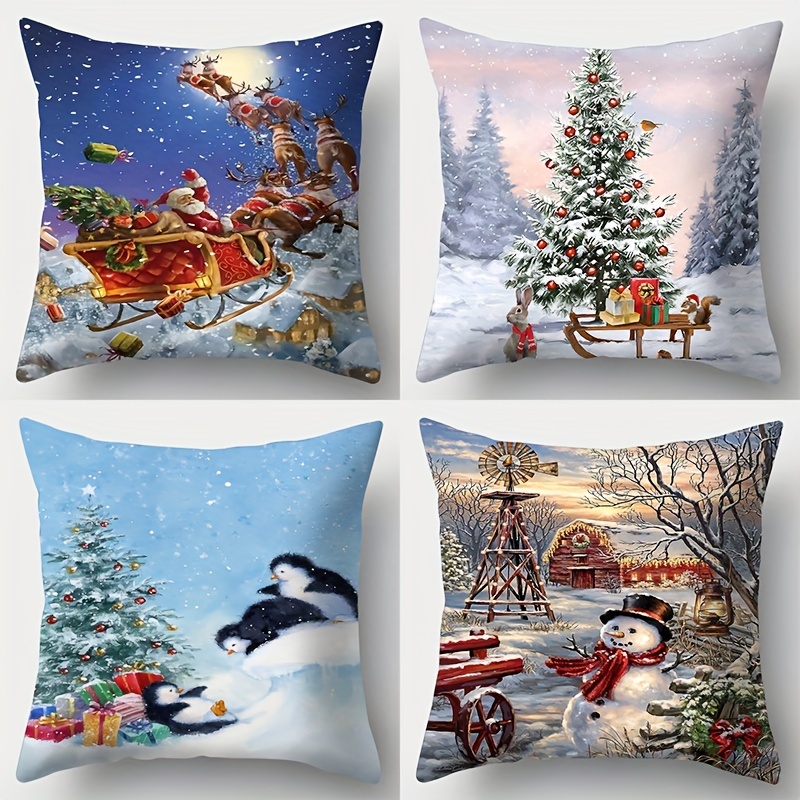 

4-piece Set Vintage Christmas Throw Pillow Covers - Santa & Snowy Animals Design, 17.7" Square, Zip Closure, Polyester - Perfect For Couch & Home Decor (inserts Not Included)