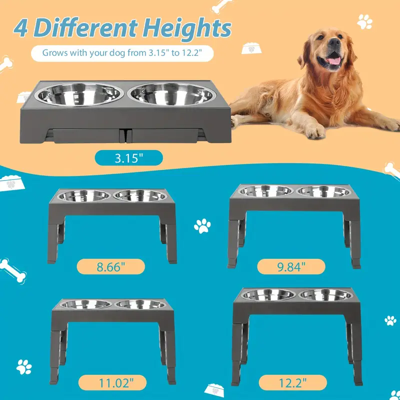 elevated dog bowl stand with 2 stainless steel bowls 5 adjustable 3 15 to 12 2 non slip base storage shelf chew proof dog sizes durable construction pet feeding station sleek stainless steel sturdy frame Product details 2