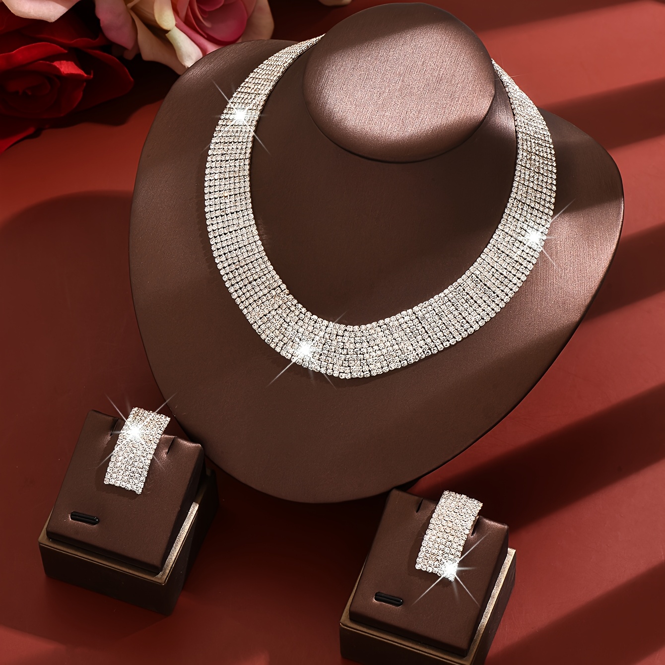 2pcs Set Geometric Rhinestone Choker Necklace & Square Earrings