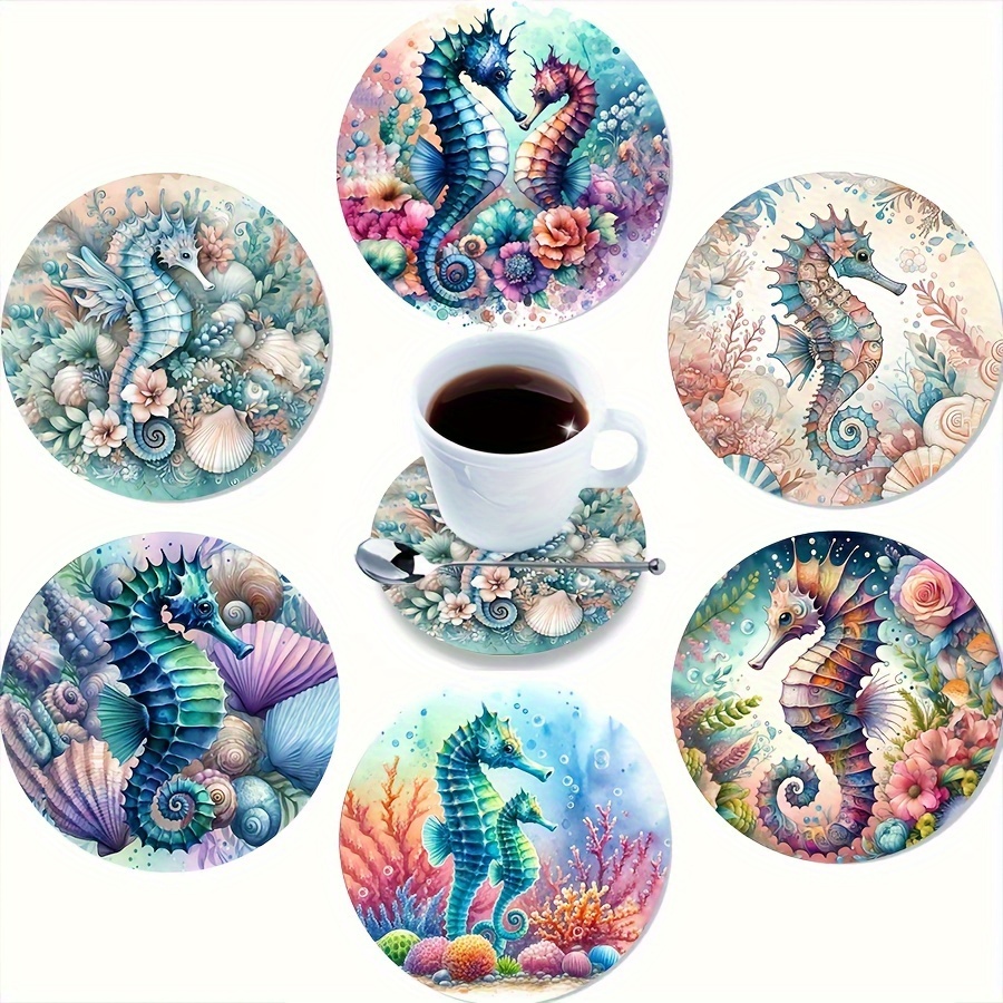 

6pcs, Printed Wooden Coasters, Animal Series Coasters, Colorful Seahorse Heat-insulated Coasters, Non-slip Mats, Household Kitchen Supplies, Home Decorations, Kitchen Utensils, Gift Accessories Set