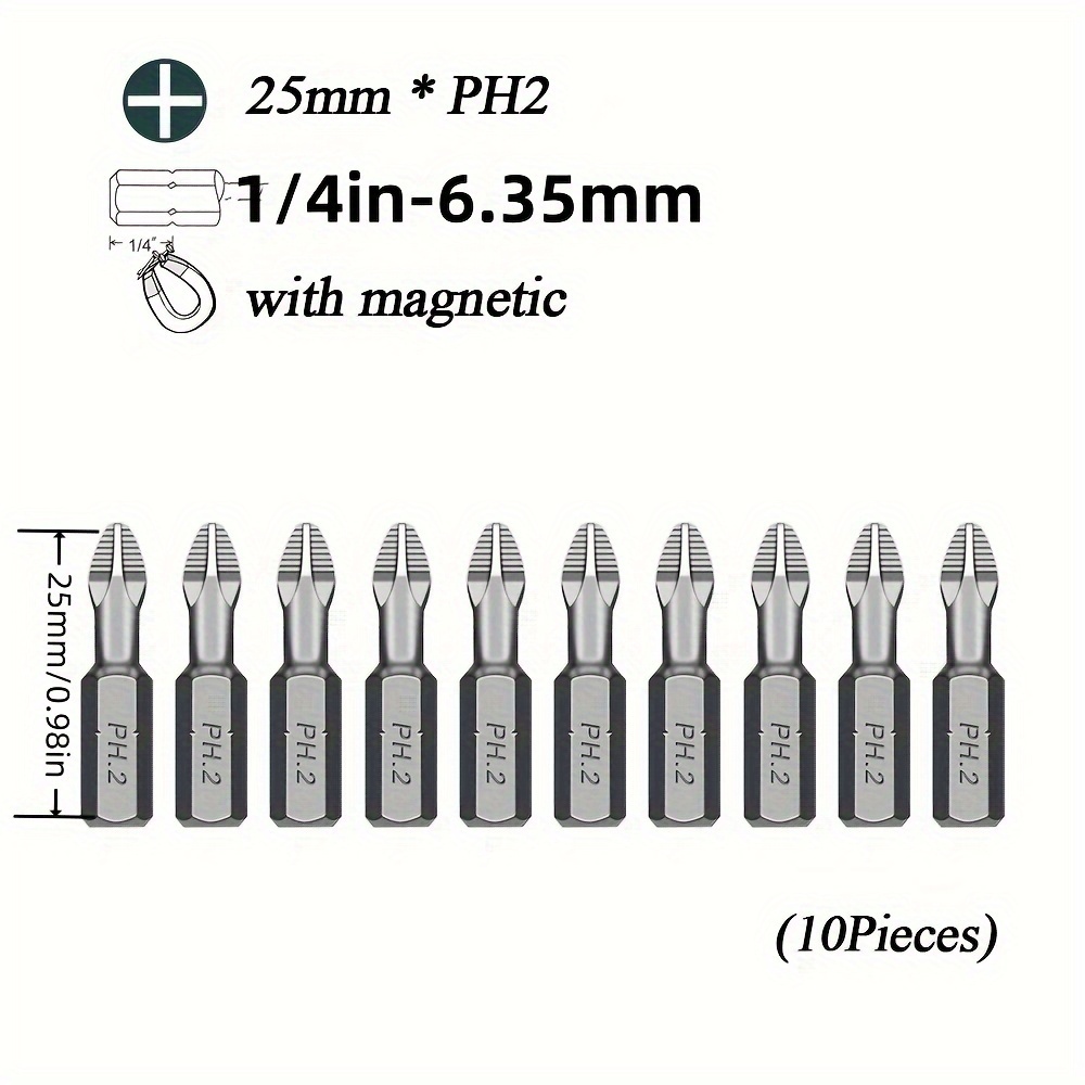 

10-pack 25mm Steel Bits Set With Magnetic Hex Shank, Durable Cr-v Pz1 Pz2 Pz3 Non-slip