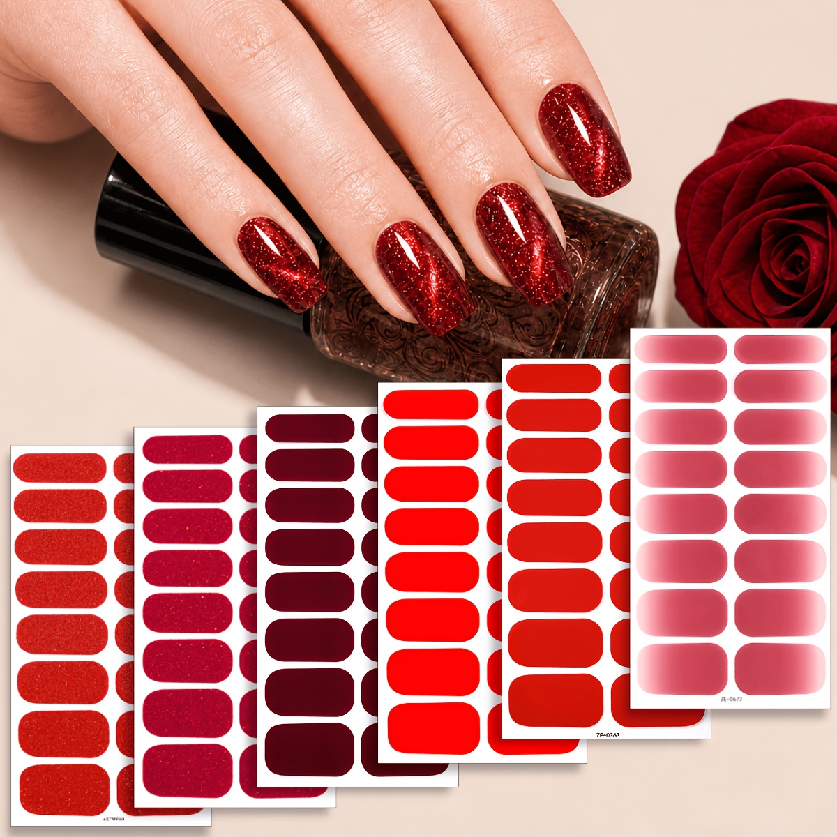 TEMU 6 Sheets/ 5 Sheets Full Nail Polish Strips, Glitter Burgundy Gradient Full Nail Wraps, Shimmery -red Nail Stickers For Daily Casual , Dates, New