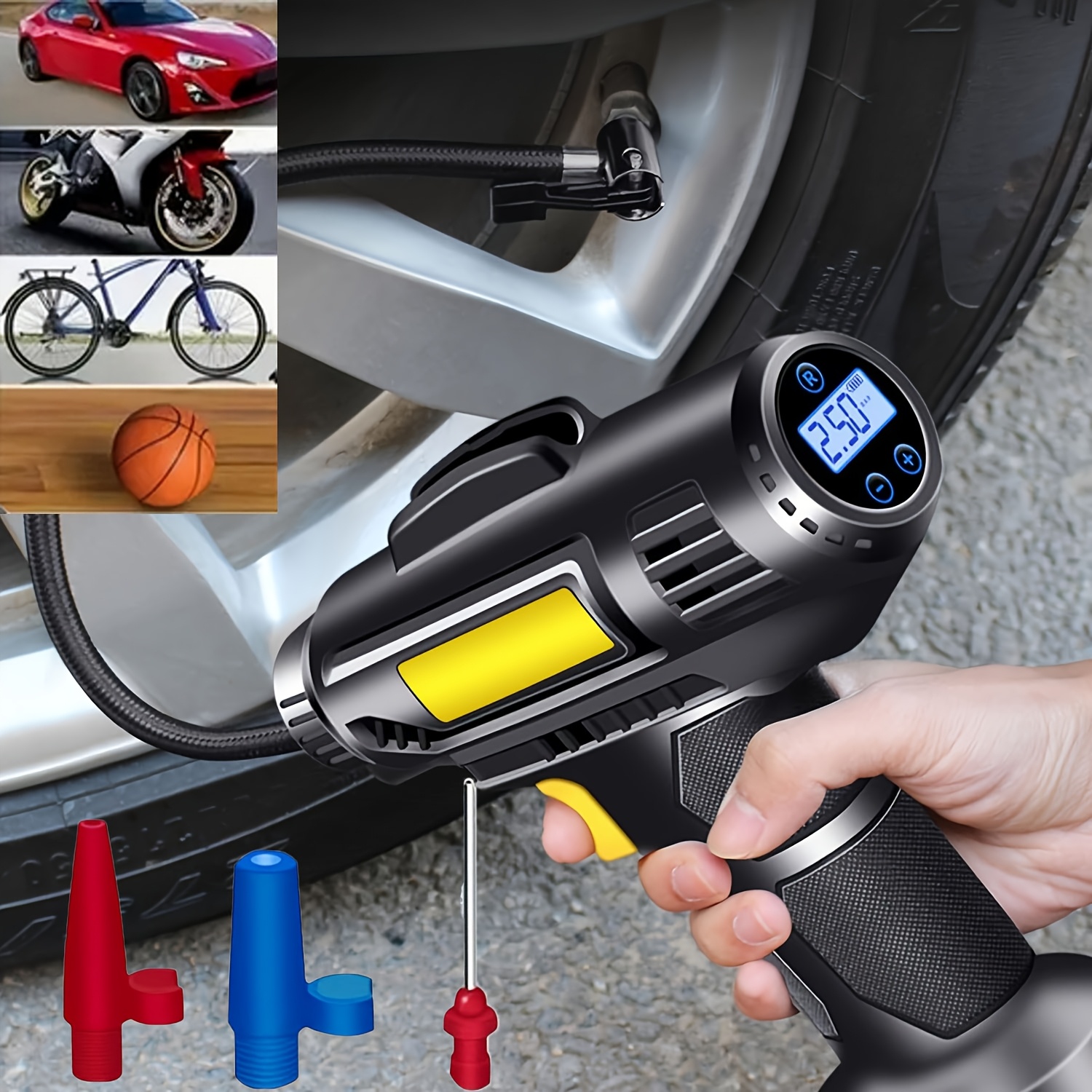 TEMU Portable Air Compressor For Car Tires, 150psi Cordless Pump Suitable For Motorcycles And Bicycles, Electric Tire Inflator With Pressure Gauge And Light (wired), Without Battery