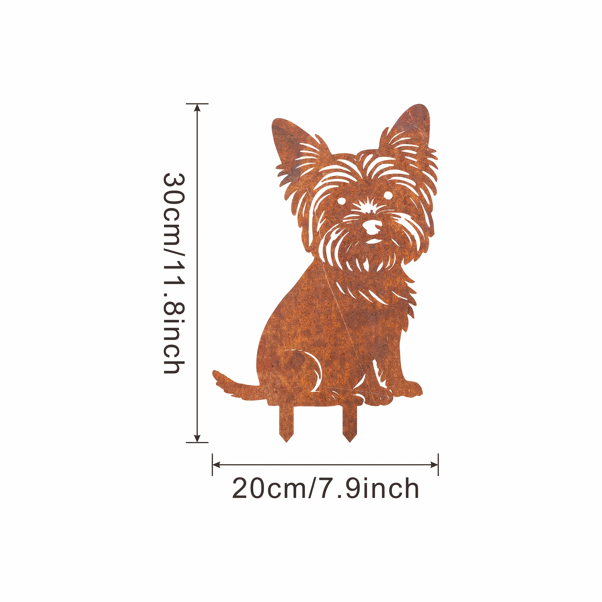 E-shop [2D Flach] Vintage Gartenspieß Yorkshire Terrier aus rostigem Metall, Hofdeko Yorkshire Terrier, Tierstatue aus rostigem Metall für den