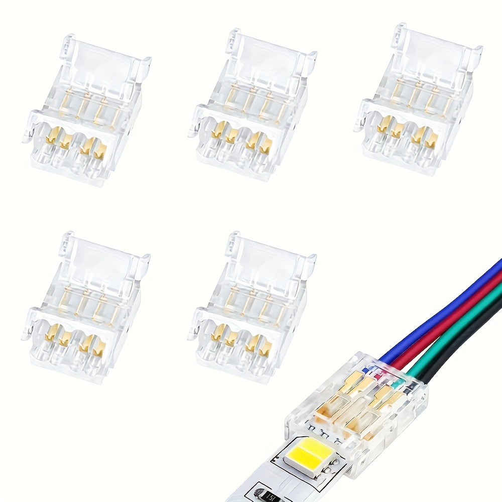 TEMU Set di 5 connettori LED RGB, 4 pin, 10 mm, connettori a striscia trasparenti senza saldatura, progettati per luci a nastro LED con 4 conduttori,