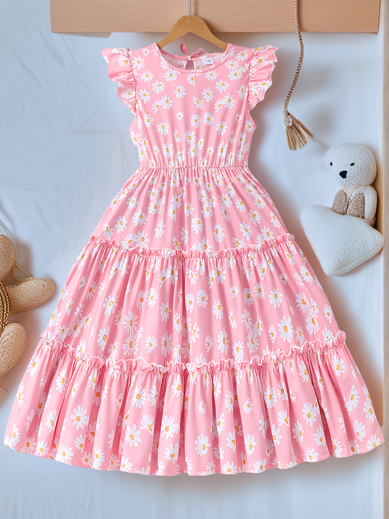 knee length dresses for ladies Inara Pink Floral Print Ruffle Prom Dress