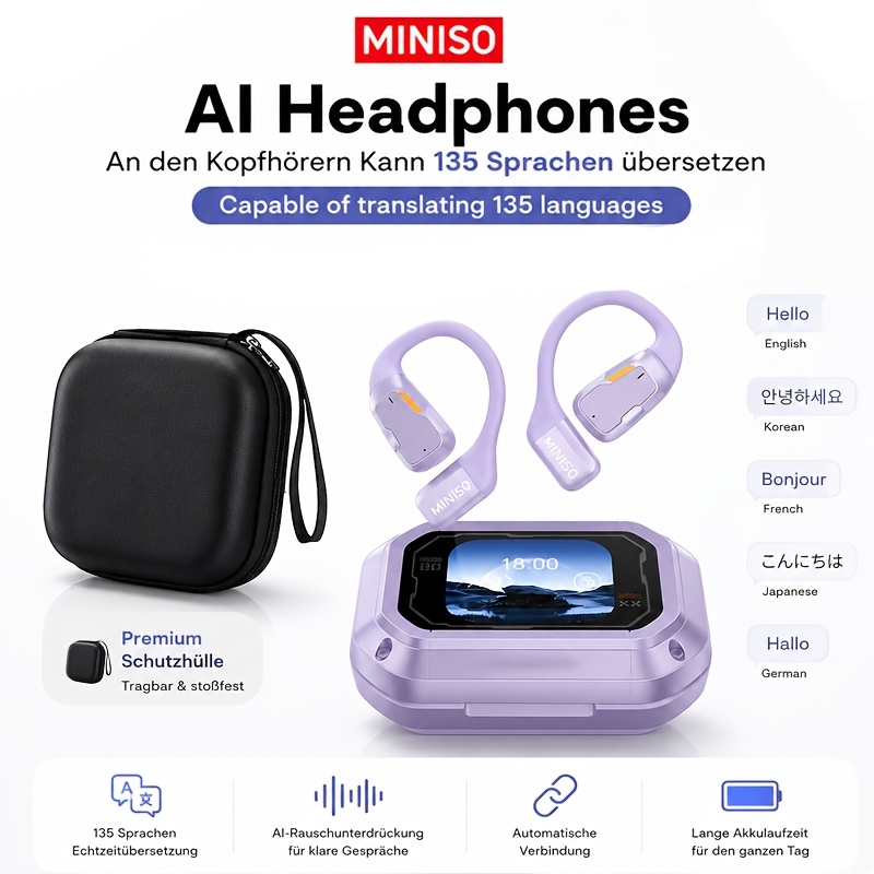 Miniso M98 Ows Open-ear Ai Translation Earbuds, 135 Languages Instant Real-time Translate Wireless Headset With Microphone, Touch Operated Hd Stereo Earphones For Travel Music Gaming