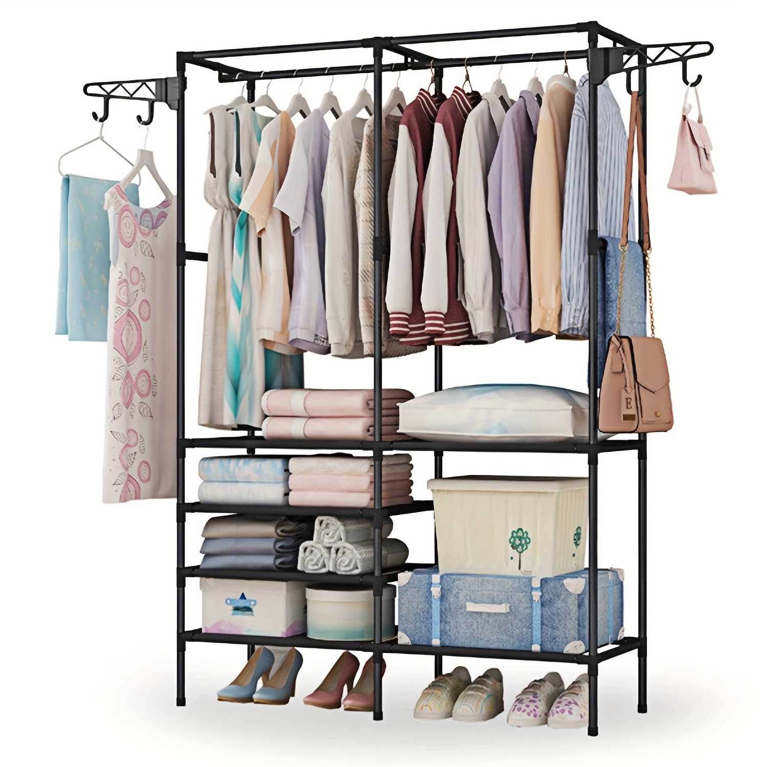 

Freestanding Black Metal Garment And Shoe Organizer Rack With Multiple Shelves – Clothes, Accessories, And Storage Needs, Shoe Storage Organizer