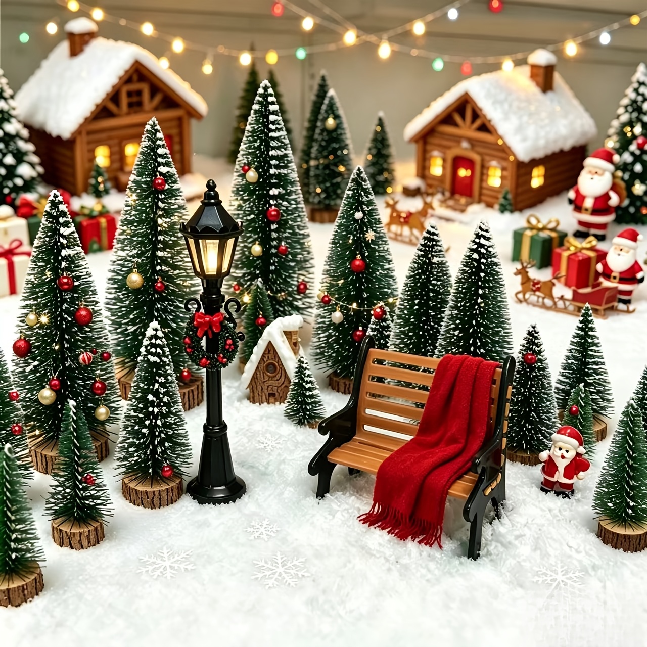 TEMU 5pcs Mini Christmas Tree Sets. Multi-combination With Christmas Trees, Street Lamps, And Benches. Ideal For Holiday Layouts, Party Styling,