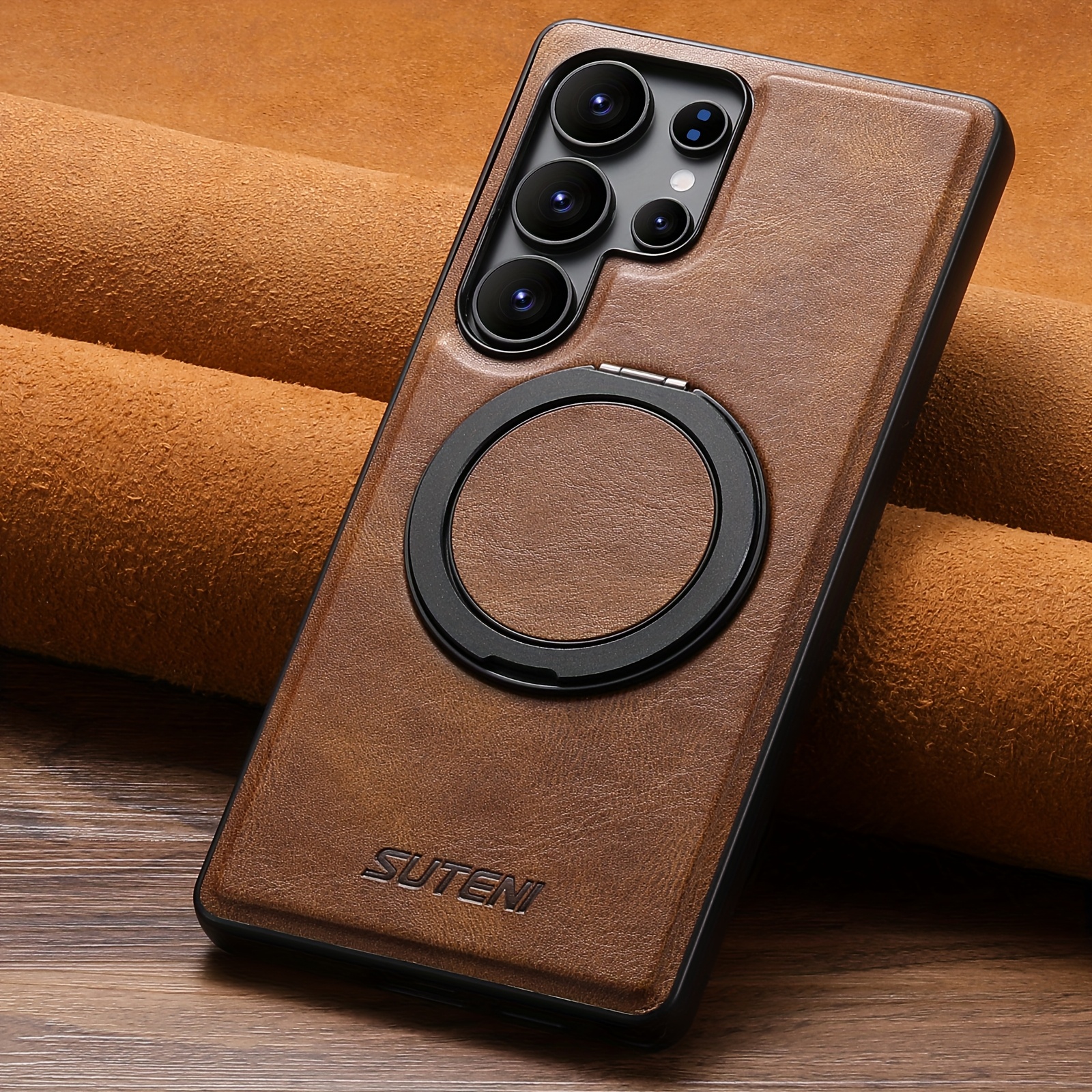 Image of 360° Rotating Ring Stand Faux Leather Phone Case For S25 Ultra S24 S23 S22 With Suteni Strong Magnetic Compatible Wireless Charging Case, Suteni