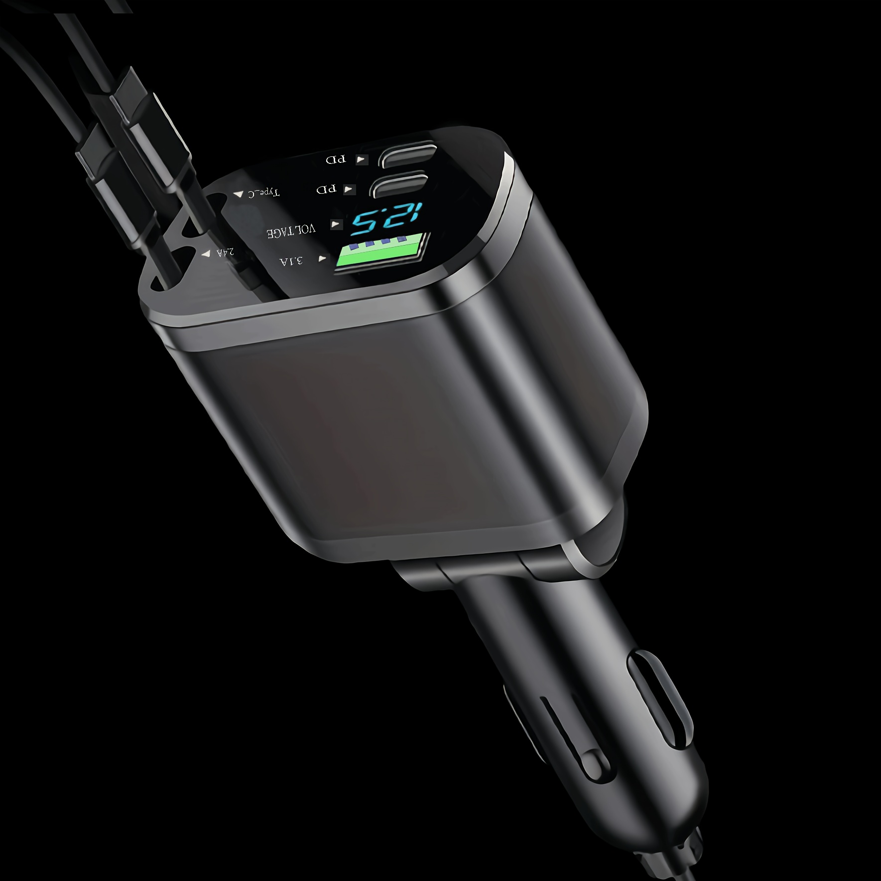 TEMU Chargeur de voiture rétractable intégré 120W (Nouveau modèle 2026) – Câbles USB-C , système de rétraction automatique, prise universelle pour