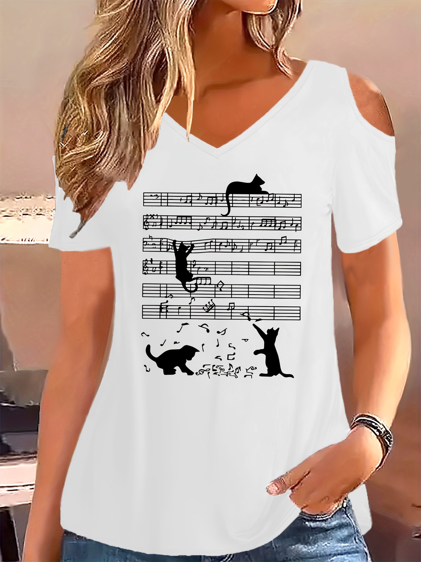 Women's Cold Shoulder Top - V-Neck Short Sleeve Twist Front Tunic, Rayon Blend, Loose Fit - White, X-Large