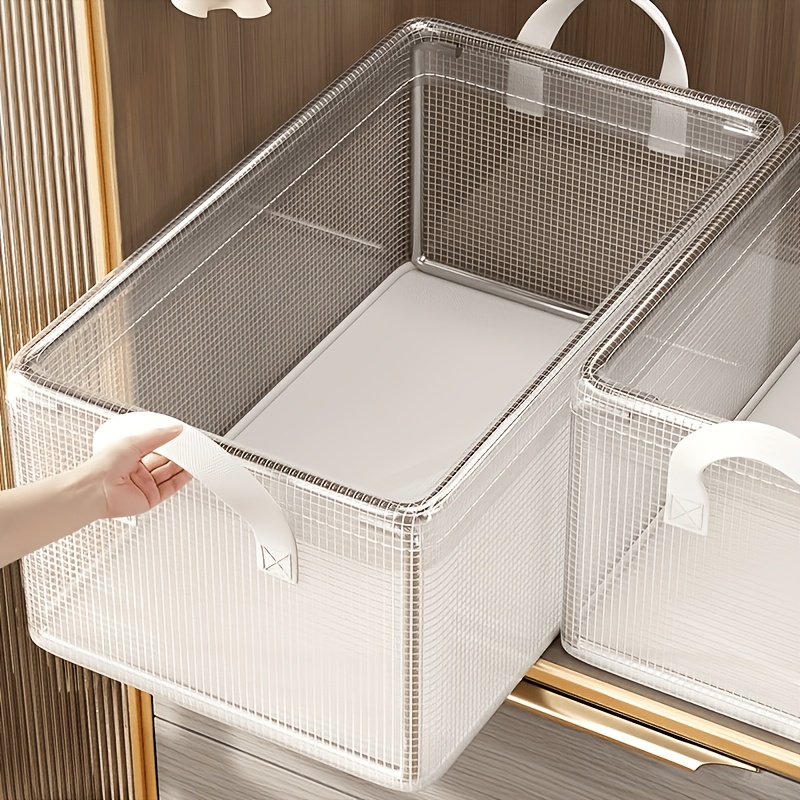 TEMU 1 Stackable Transparent Clothing Storage Box With Frame, Featuring A Large Opening Design Ideal For Storing Garments And Trousers. Perfect For