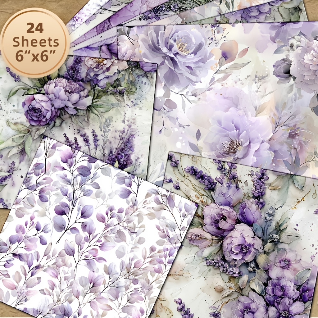 TEMU 24 Sheets 6x6 Inch Light Floral Scrapbook Paper, Translucent Alcohol Ink Purple Peony Eucalyptus Lavender Journal Background Paper, Soft Light