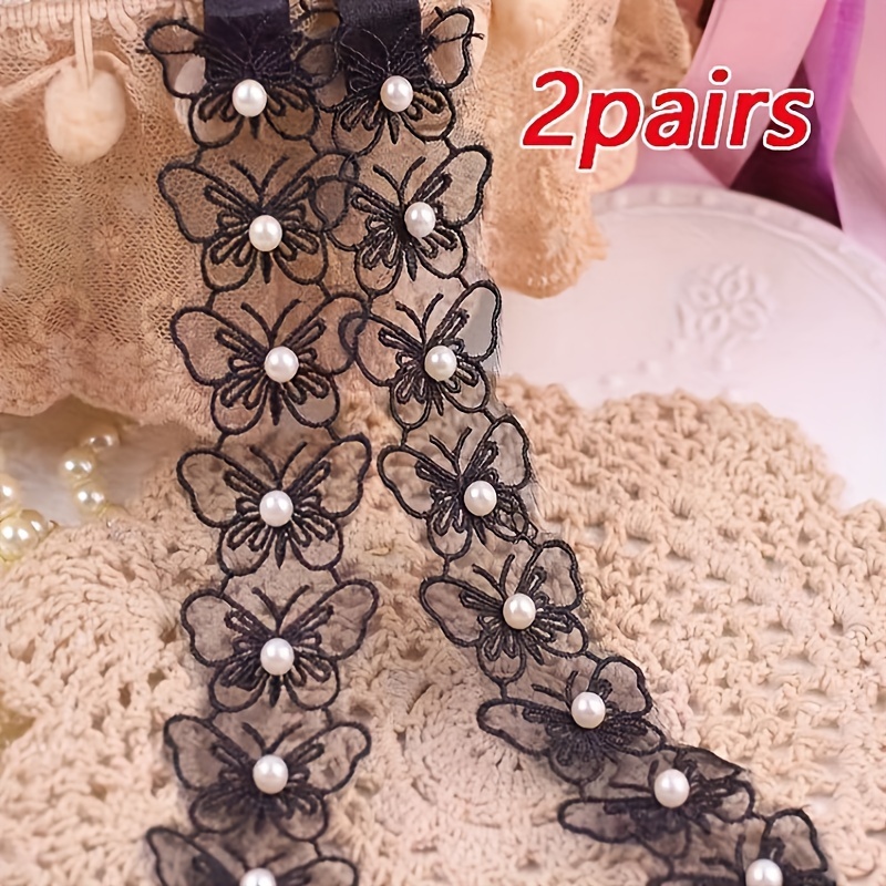 

2 Pairs Lace Bra Straps With Faux Pearls, Non-slip Adjustable Shoulder Straps For Women, Butterfly & Flower Design, Summer Accessories