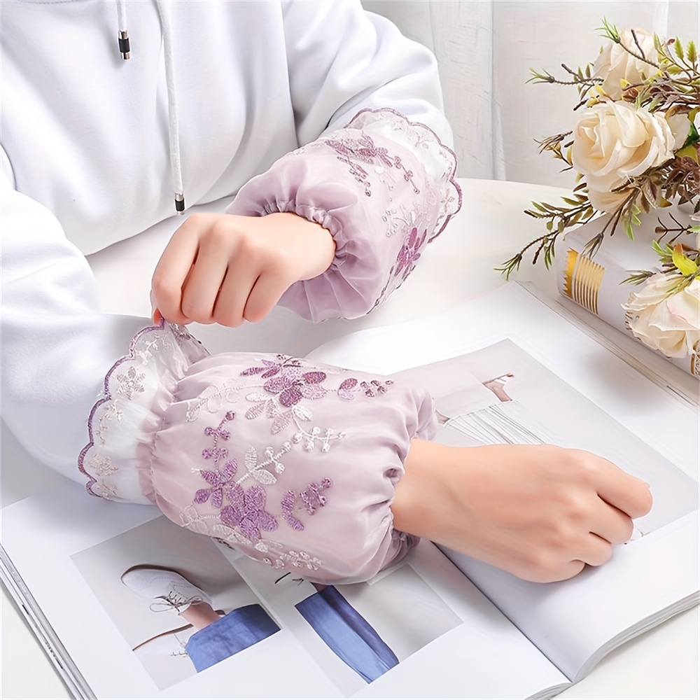 1 pair womens elegant floral lace sleeve cuffs double layer breathable mesh with   edges soft pink white pastel colors delicate fabric design sophisticated style hand wash only lace trim details versatile fashion accessory for casua Product details 0
