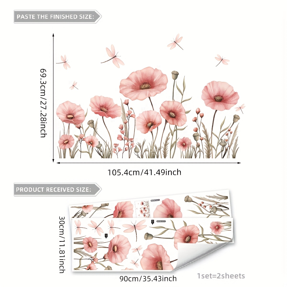 Pink Flower Wall Decals – Large Floral Stickers With Dragonflies, Removable Pvc Art For Living Room, Bedroom Or Any – Finished Size 105.4x69.3cm/41.49”x27.28”, 2 Sheets