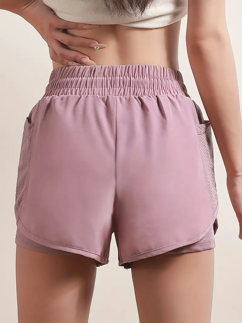 womens 2 in 1 shorts dry mesh pockets elastic waistband drawstring comfortable fitness gym workout shorts details 2