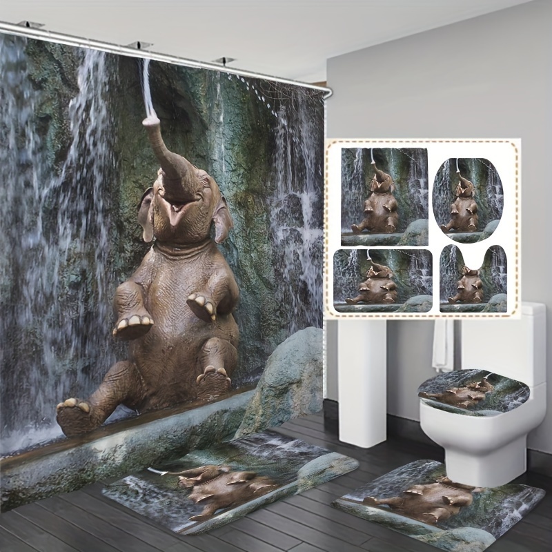 

1/3/4pcs Waterfall Elephant Print Shower Curtain Set, Waterproof Bathroom Curtain With Free Hooks, Non-slip Rug, Toilet Lid Mat And Bath Mat, Bathroom Accessories