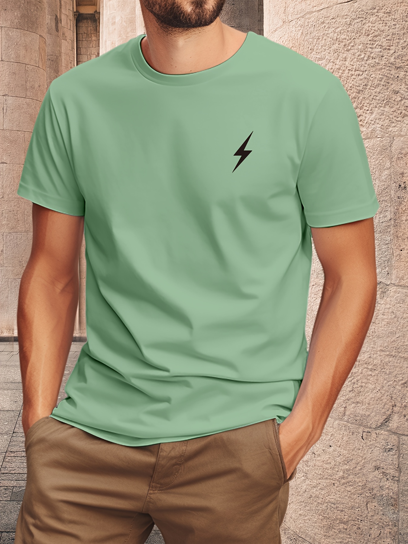 Men'S Lightning Bolt Graphic Print T-Shirt - Cotton Short Sleeve Tee, Green with Black Lightning Bolt Design, Casual Crew Neck, Regular Fit for Casual Attire, Everyday Tshirt | Graphic Tee | Cotton Shir