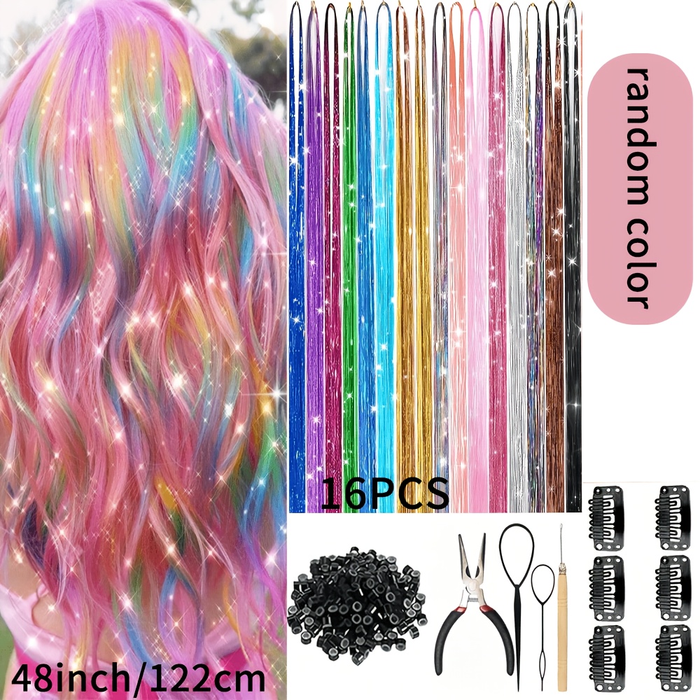 TEMU 16pcs Chemical Fiber Crochet Golden And Silvery Wire Random Color Hair Extensions Wig 48 Inches With And Without Tools Suitable For Ladies To