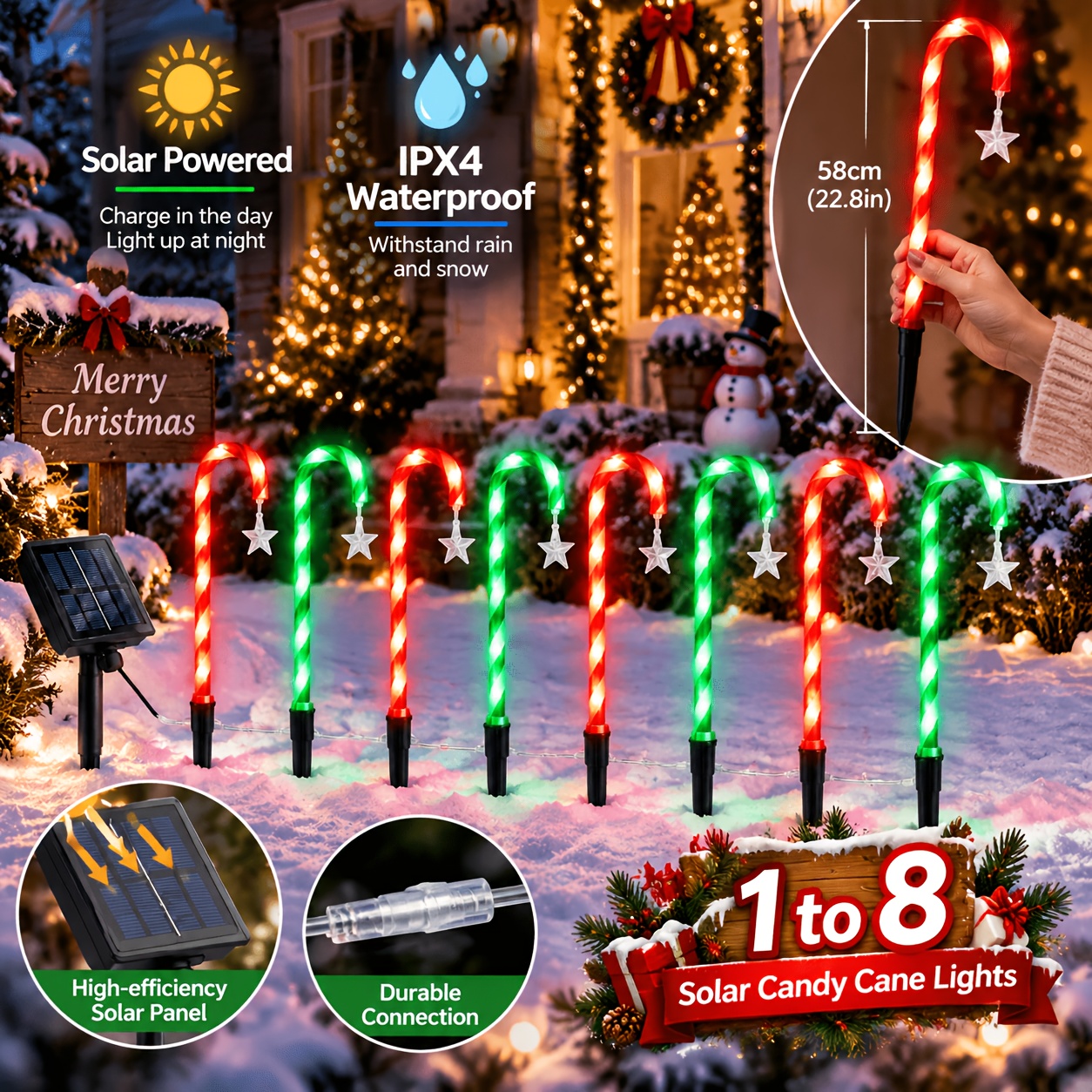 TEMU 8 Packs Solar Christmas Candy Cane Pathway Lights With Star Ornament, Red And Led Candy Cane Stake Lights, 900mah, Outdoor Lawn Path Lights For