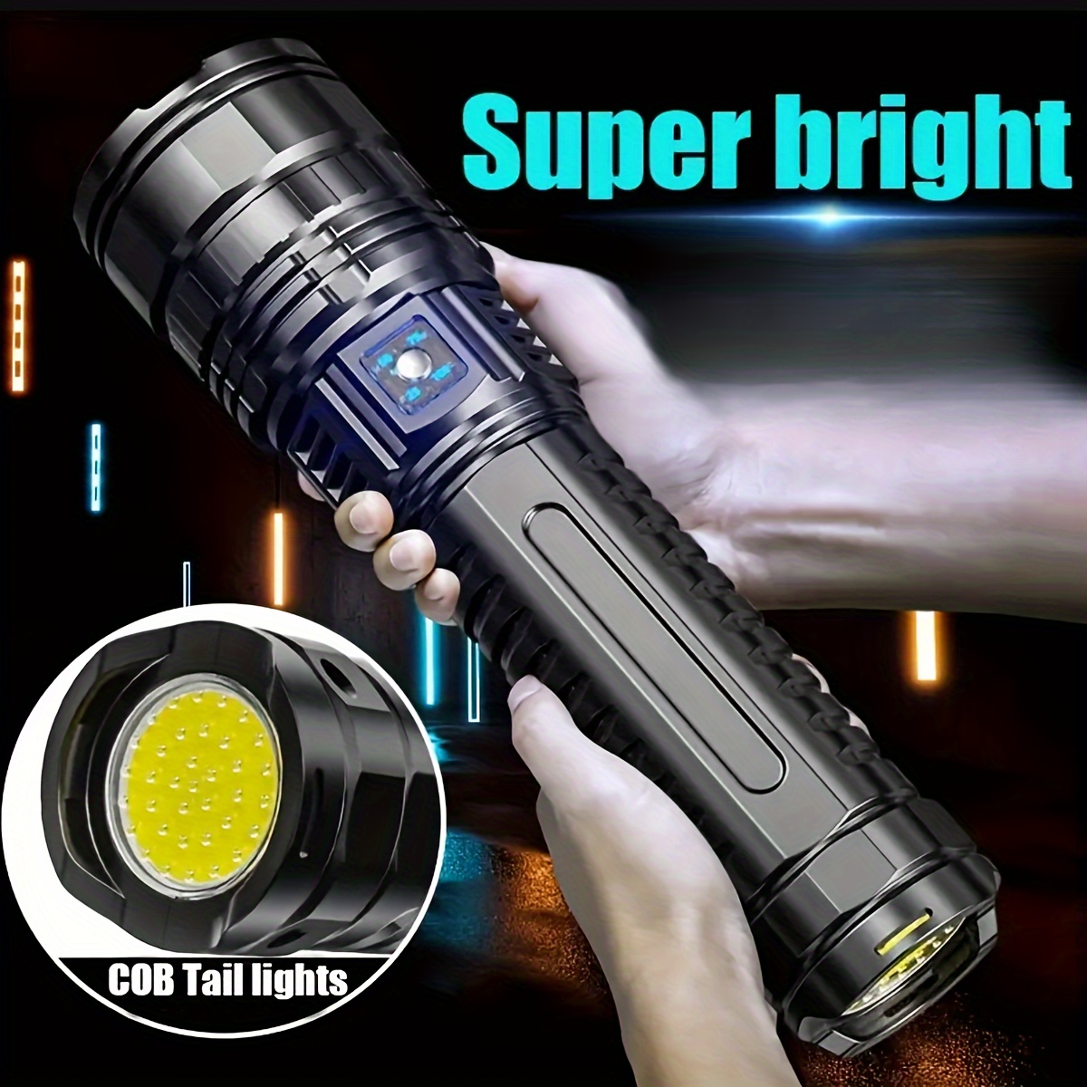 

1pc Rechargeable Led Flashlight - Cob Tail Work Lamp With Adjustable , Power Display, 5 Lighting , Handheld Flashlight For Outdoor, Camping, Hiking, Emergency, Fishing, And Use (including Batteries)