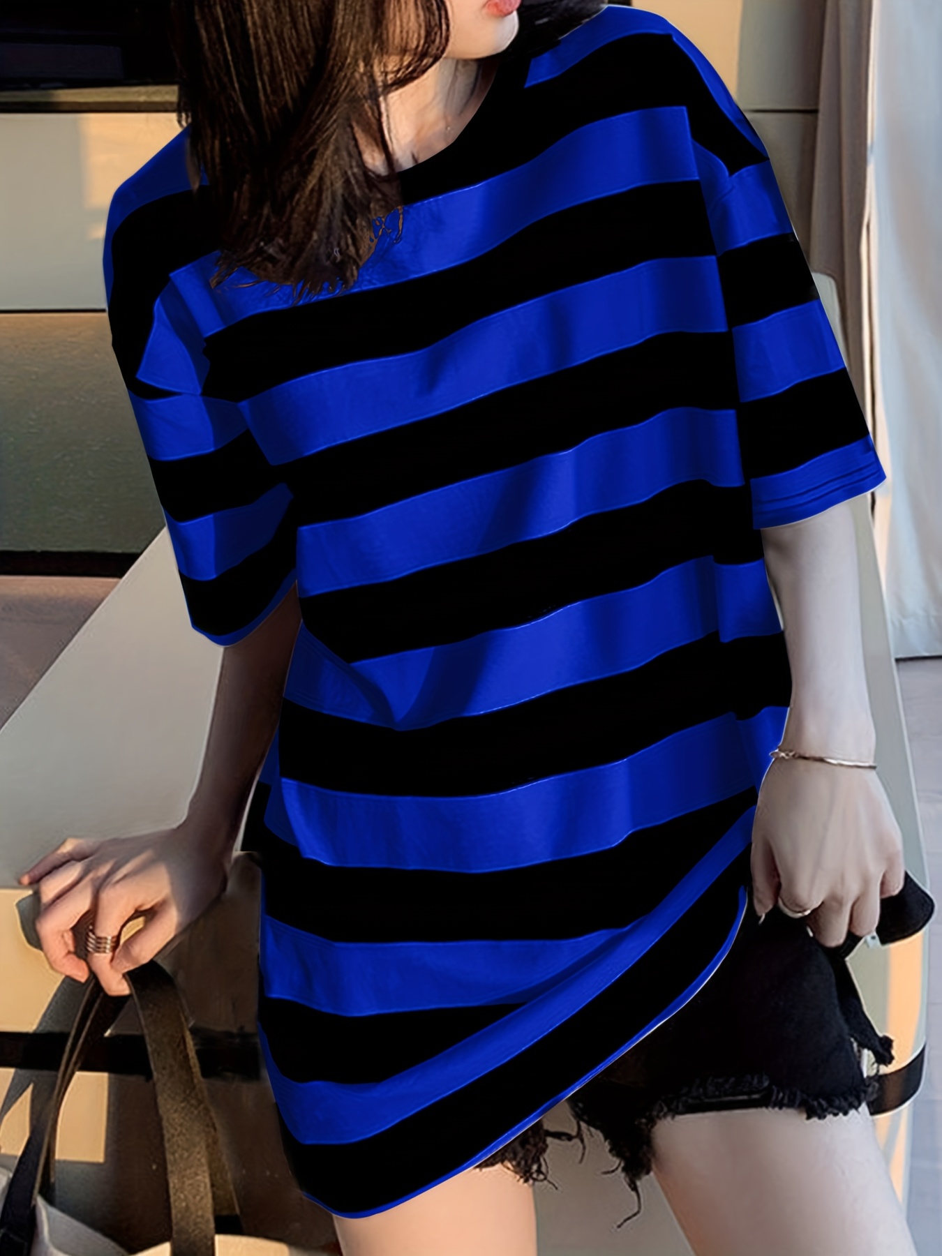 camiseta hombros caídos rayas anchas mujer camiseta casual Temu