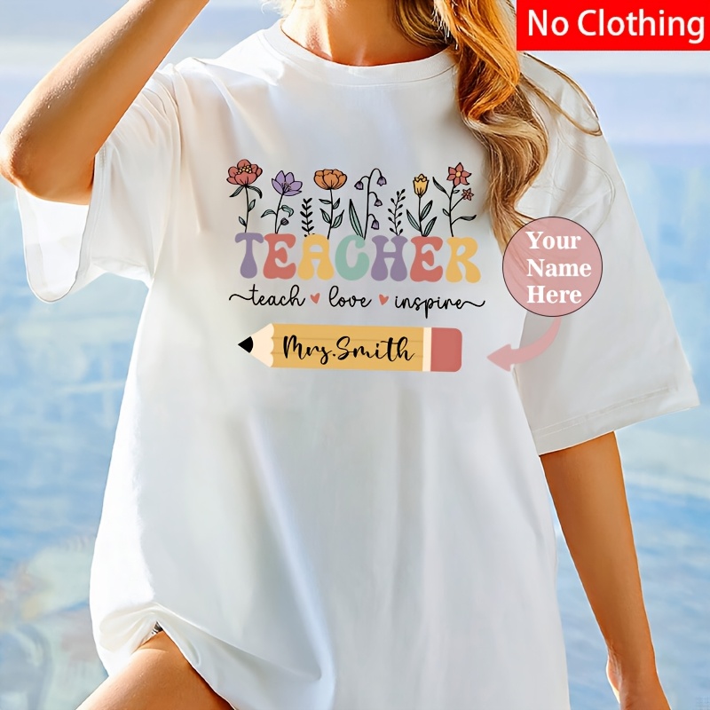 맞춤형 교사 감사 티셔츠 - 개인화된 꽃문자 디자인, 다림질 비닐 전사, 혼합 색상, 폴리에스터 원단, 교사에게 이상적인 선물, 맞춤 이름 디자인|재미있는 글꼴 스타일|내구성 있는 인쇄, 교사 선물