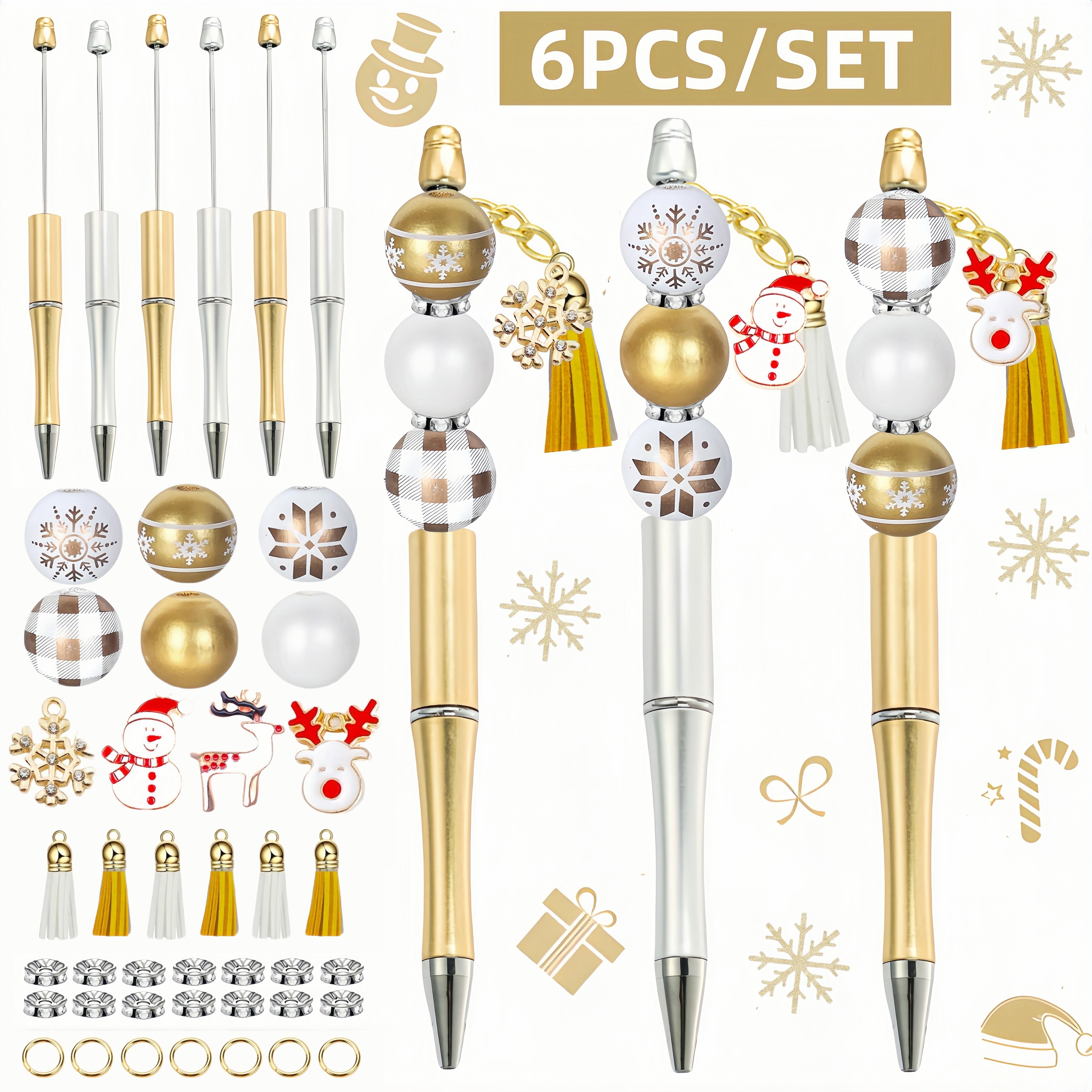 

6pcs Christmas Themed Ballpoint Pens Set With Beads, Tassels & Alloy Charms, Plastic Twist Round Medium Point Pens For Adults – , Snowman & Reindeer Charm Pens For School & Office Gifts