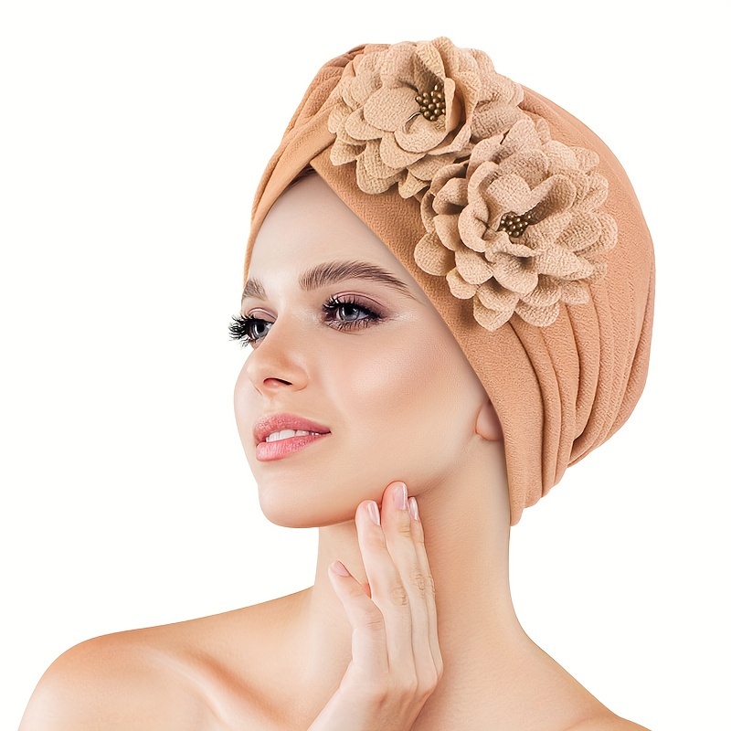 

Trendy Flower Decor Turbans For Women Elegant Solid Color Head Wraps Beanies Hats Pleated Headscarf Ramadan Chemo Cap