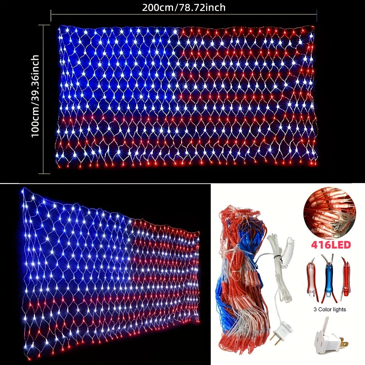 TEMU American Flag , 416 Led String Lights, Decorations, Memorial Day Decorations, For Day, National Day, Christmas Day, New Year's Party, Garden, Yard Decorations Outside, (plug In Power)