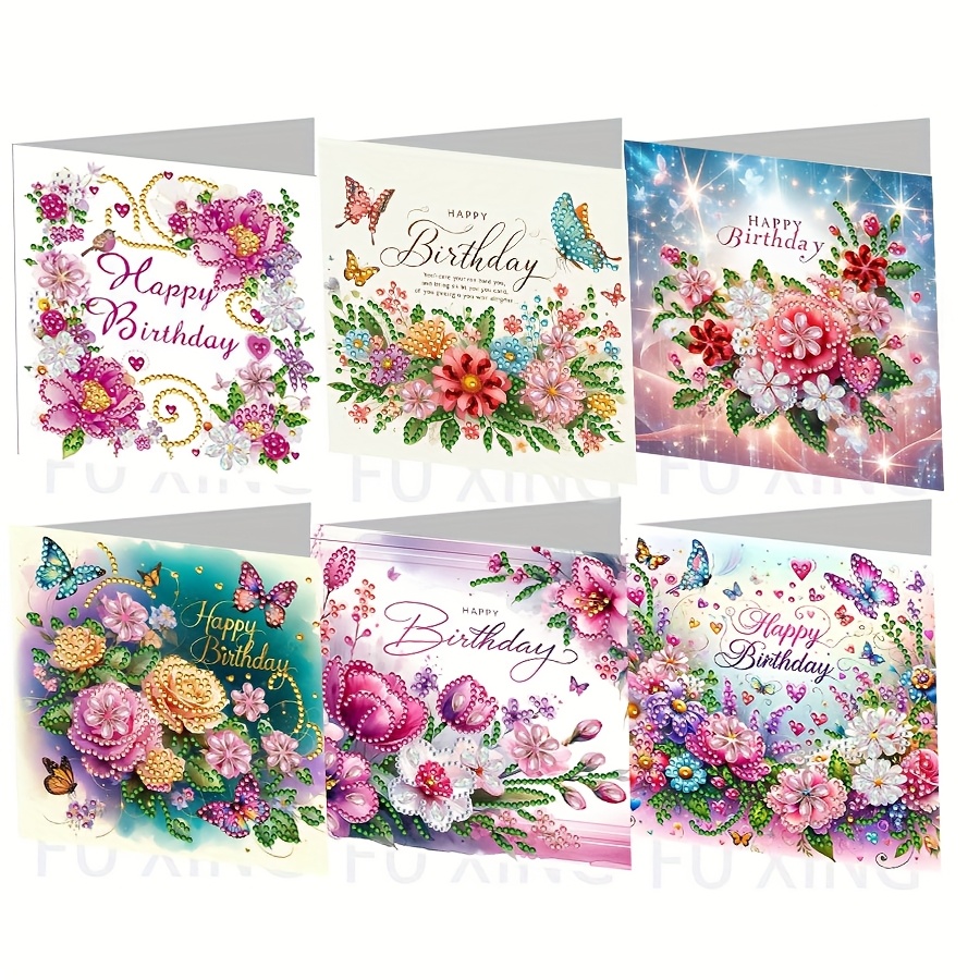 Image of 6pcs Diamond Painting Birthday Cards Colorful Happy Birthday Handmade Cards With Envelope Irregular Sparkling Rhinestones Gift For Colleagues And Seniors