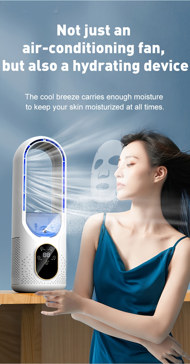 Multifunctional Bladeless Fan with Ice Mist Cooling, Fast Cooling, Automatic Timer, Wide-Angle Airflow, Brings a Comfortable Personal Experience, Personal Air Cooler | Bladeless Air Conditioner | Double-Layer Structure, Portable Cooling Fan