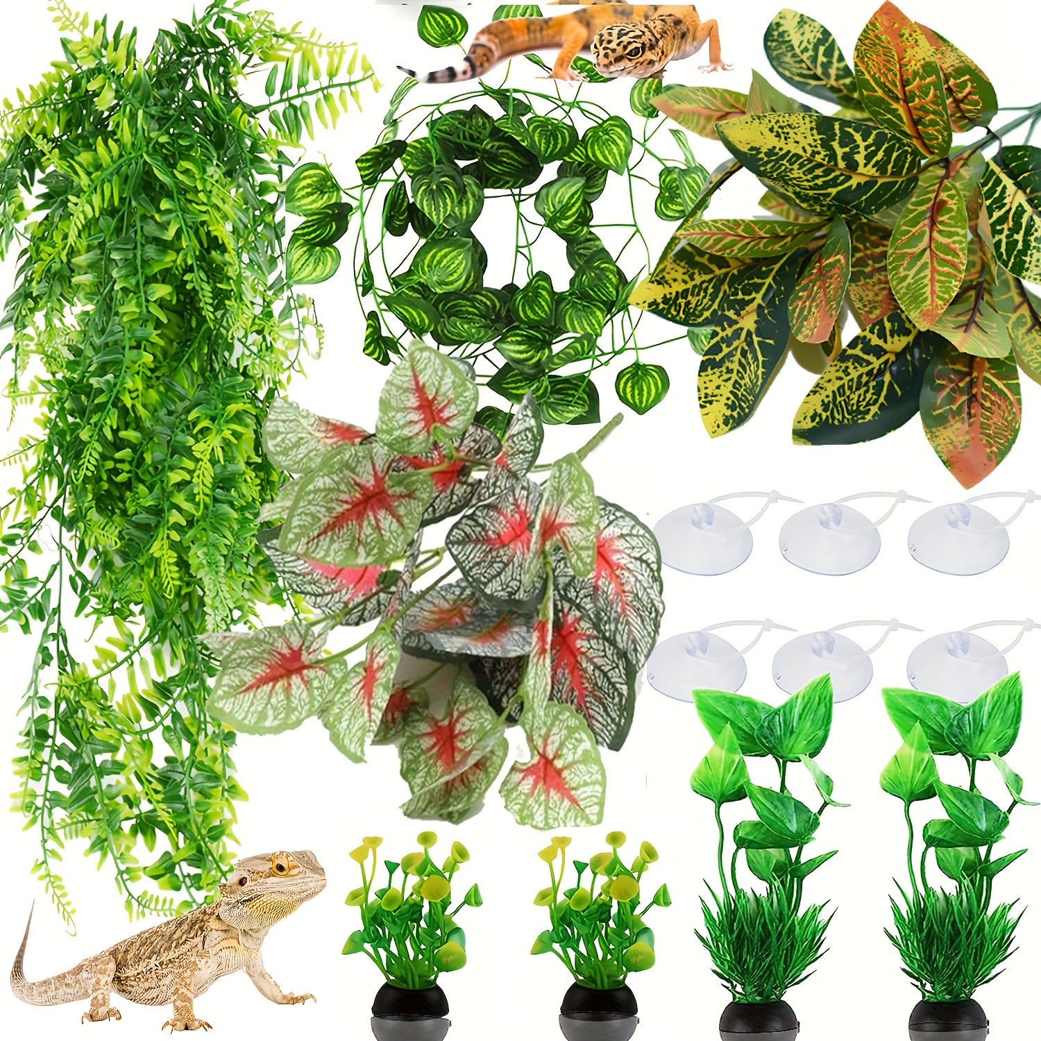 

14pcs Artificial Reptile Plants: Glass Container Hanging Leaves, Accessories, Lion Lizard, Lizard, And Chameleon Decorations