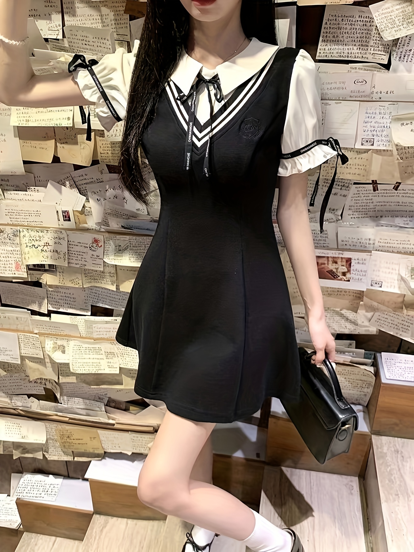 preppy style two piece shirt black dress little black - Temu United Arab  Emirates