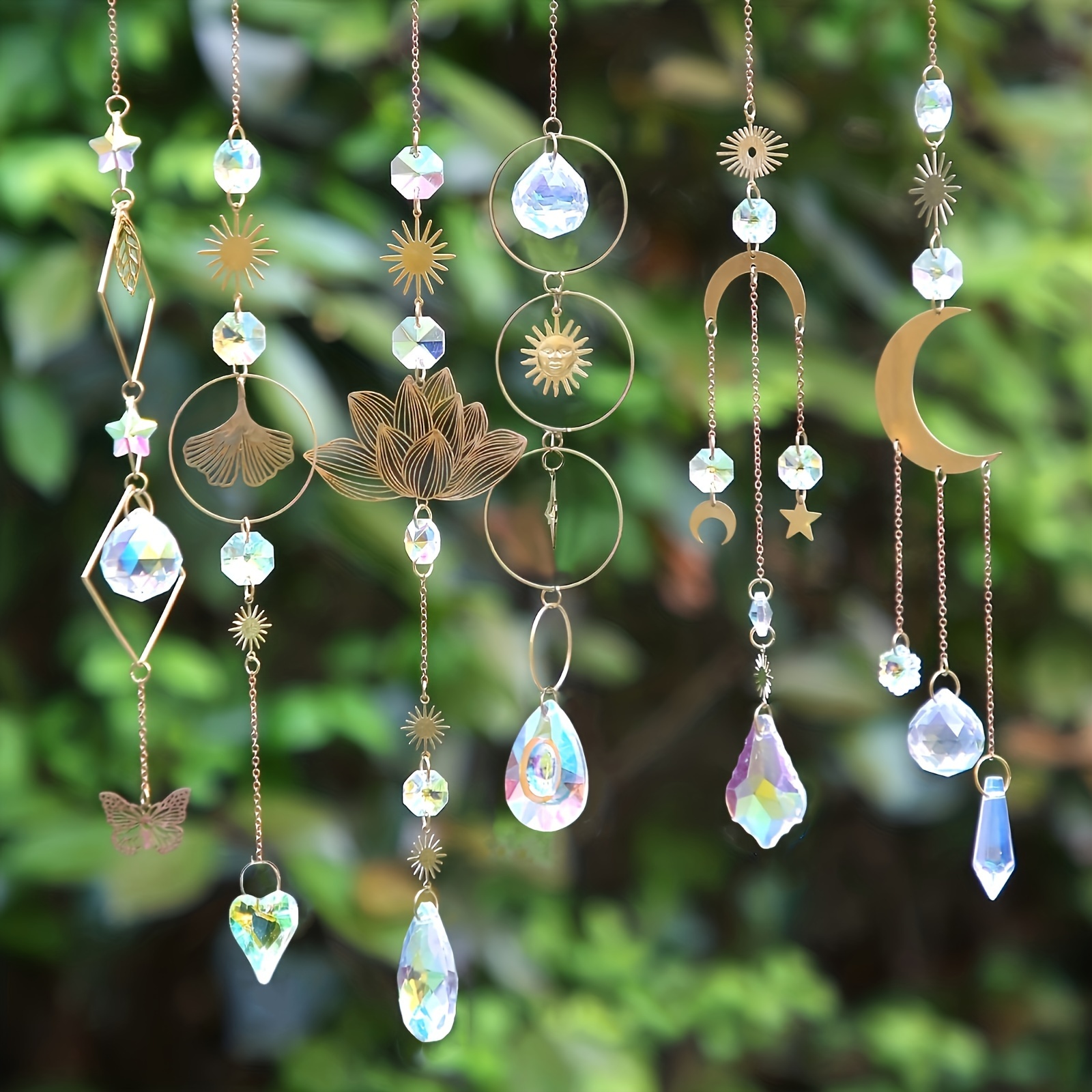 

6pcs With Sun, Stars, Moon, Lotus, Leaves Window Sun With Chain, Yard Hanging Wind Chime Crystal Prism Decoration For Wedding, Party Brass Beauty Div Jewelry