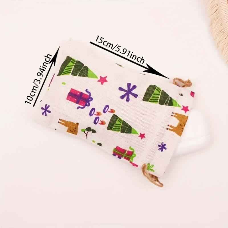 15 Pack Vintage Christmas Drawstring Pouches With Tree, Elk & Gift Print, Reusable Small Storage Bags For Xmas Party Candy Jewelry Cosmetic Gift Packaging