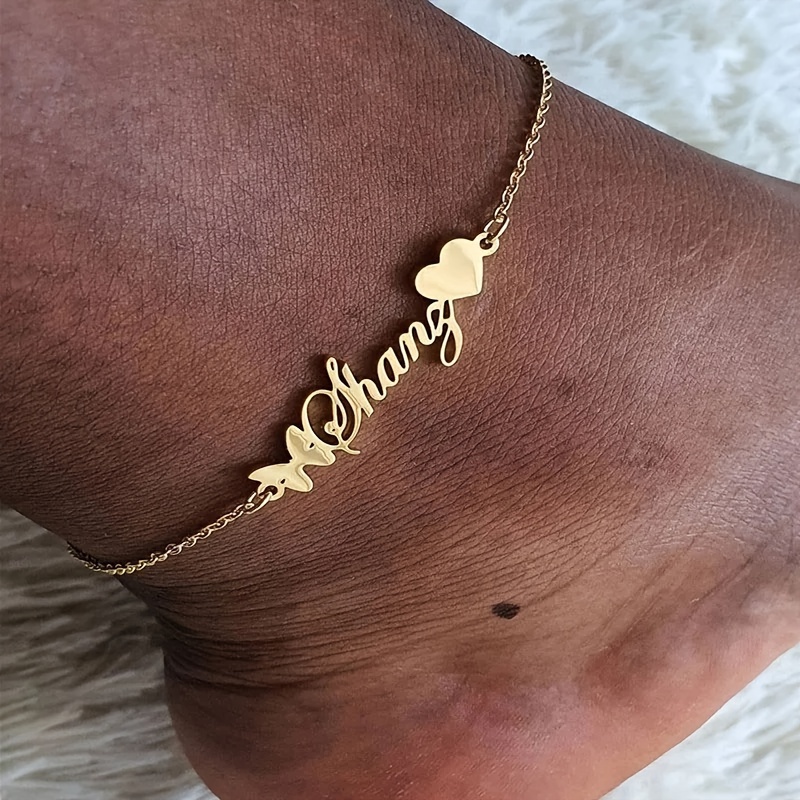 

Personalized Heart & Butterfly Name Anklet - Stainless Steel, Custom Engraved 3mm Cuban Chain For Women - Perfect For Vacations & Festivals